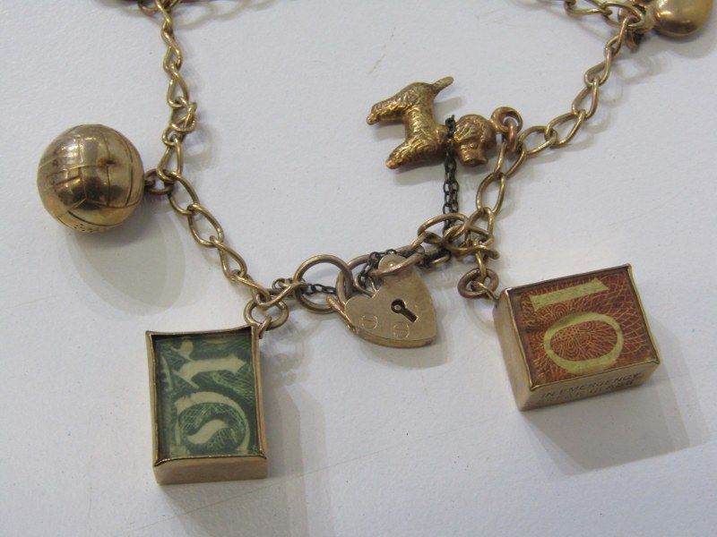 GOLD CHARM BRACELET, 9ct yellow gold charm bracelet with padlock clasp, set 8 charms including money - Image 2 of 4