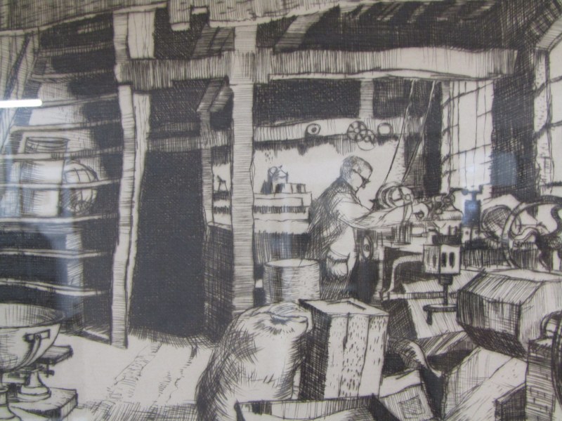 JAMES PRIDDEY, signed watercolour "The boat haul, Evesham", also a signed etching "In the workshop", - Image 6 of 6