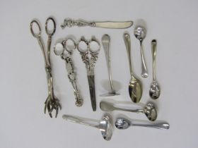 ANTIQUE SILVER SUGAR NIPS, initialled CDE 12cms length hallmarks indistinct, also silver mounted