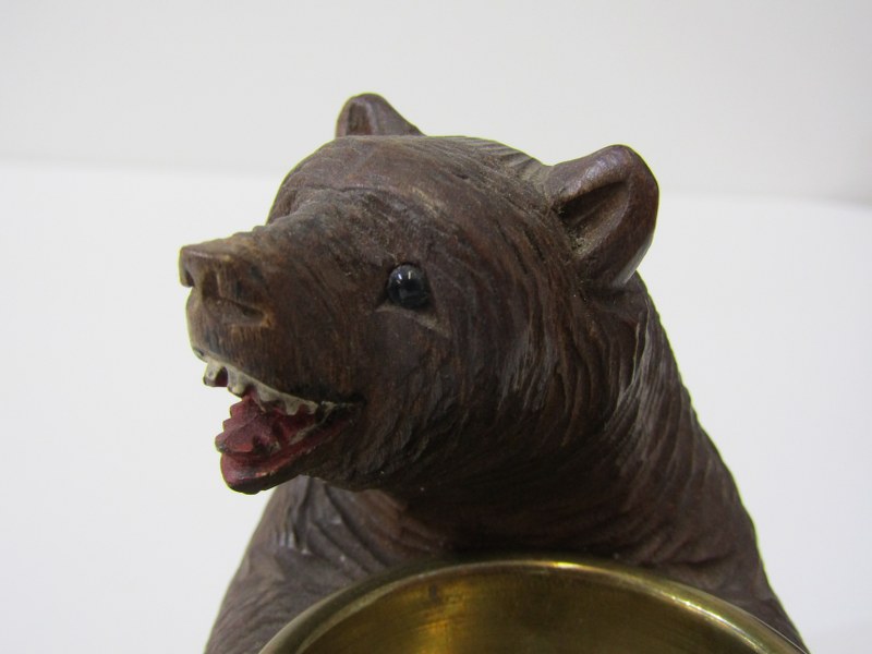 BLACK FOREST BEAR, carved seated Black Forest Bear matchbox stand, holding a brass dish, 11cm width, - Image 3 of 8