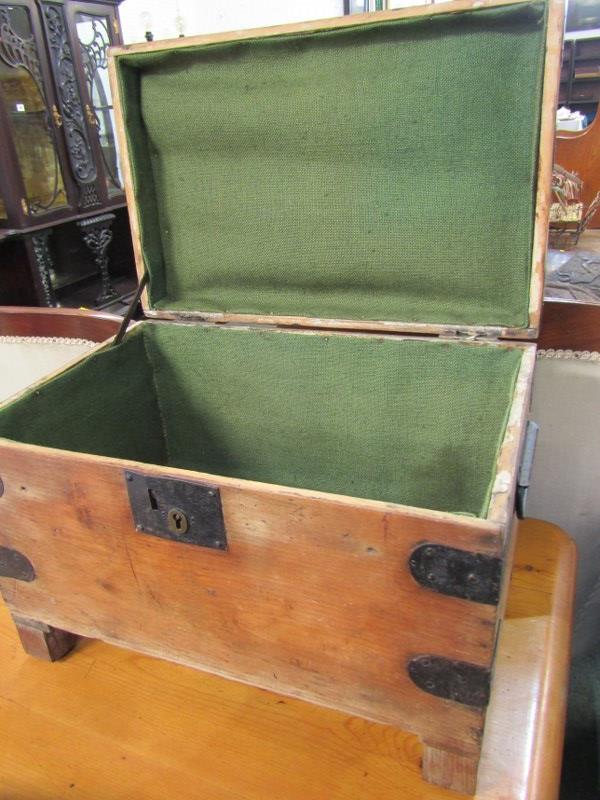 ANTIQUE PINE TRUNK, antique pine box with metal strap decoration, 50cm width with handles to - Image 4 of 6