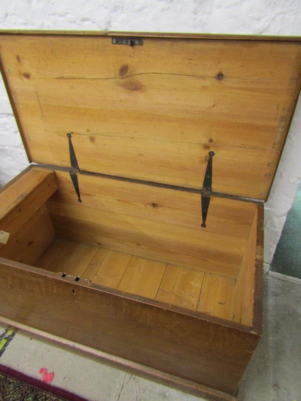 19th CENTURY WAXED PINE TRUNK, the rising top enclosing inner candle shelf, 92cm - Image 3 of 5