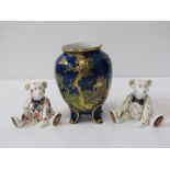 ROYAL CROWN DERBY, pair of seated teddy bear figures, 7cm, also a lustre ware vase on 4 raised feet,