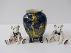 ROYAL CROWN DERBY, pair of seated teddy bear figures, 7cm, also a lustre ware vase on 4 raised feet,