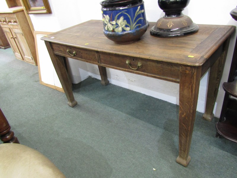 EDWARDIAN OAK SIDE TABLE, fitted 2 drawers on square form taper legs, 136cm width - Image 5 of 5