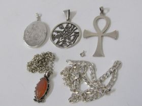 SELECTION OF SILVER ITEMS, including ankh pendant, locket pendant, pentagram and necklaces