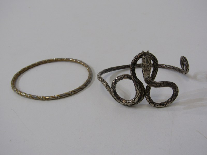 2 WHITE METAL BANGLES, 1 of snake form