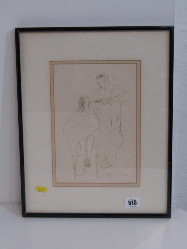 ENGLISH SCHOOL, pencil sketch "Boy in a barbers chair", circa 1950, indistinctly signed, 24cm x 16cm