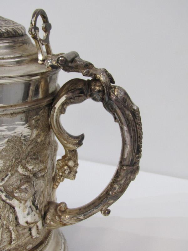 19th CENTURY PLATED BEER JUG, body decorated a continuous landscape of putti in relief with mask - Image 4 of 9