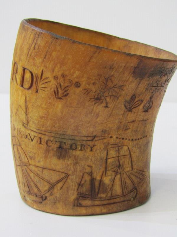 ANTIQUE MARITIME SCRIMSHAW, part of cow horn carved "John Gelberd" decorated various sailing - Image 3 of 5