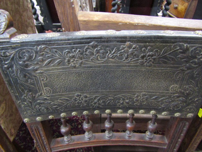 LATE 19th CENTURY LEATHER SEATED DINING CHAIRS, the embossed leather with floral decoration in - Image 2 of 3