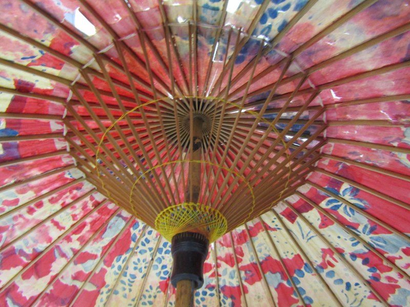 WALKING STICKS & PARASOLS, oriental hand painted, floral decorated parasol, a leather handled - Image 6 of 11
