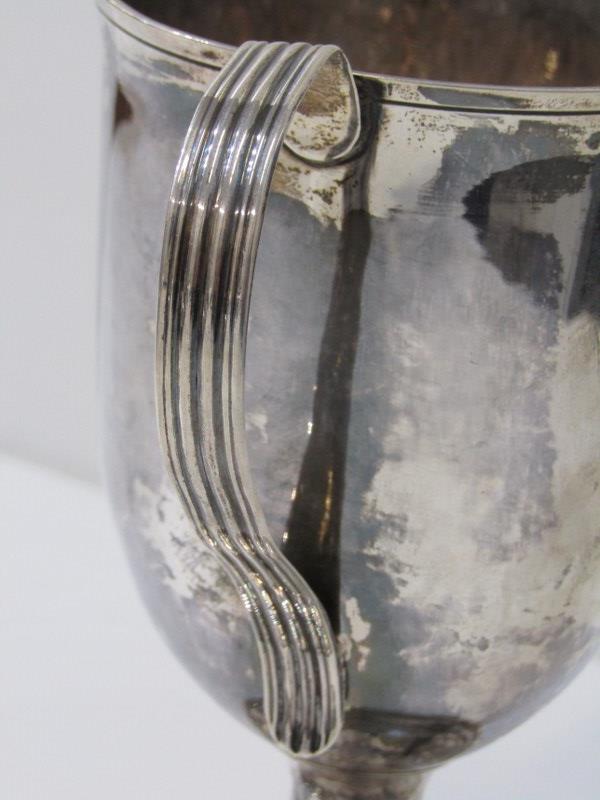 SILVER TWIN HANDLED TROPHY CUP on circular stemmed support, HM Peter and William Bateman, London, - Image 3 of 4