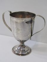 SILVER TWIN HANDLED TROPHY CUP on circular stemmed support, HM Peter and William Bateman, London,