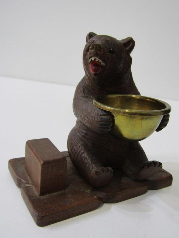 BLACK FOREST BEAR, carved seated Black Forest Bear matchbox stand, holding a brass dish, 11cm width, - Image 2 of 8