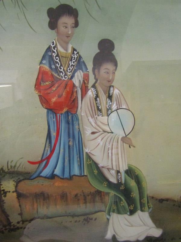 ORIENTAL ART, oriental reverse painted picture on glass of 2 Geishas in hardwood panel frame, 33cm x - Image 2 of 6