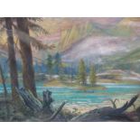 SPENCER ROBERTS, British Columbia pastel "Canoeist in extensive river valley landscape", signed