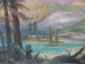 SPENCER ROBERTS, British Columbia pastel "Canoeist in extensive river valley landscape", signed