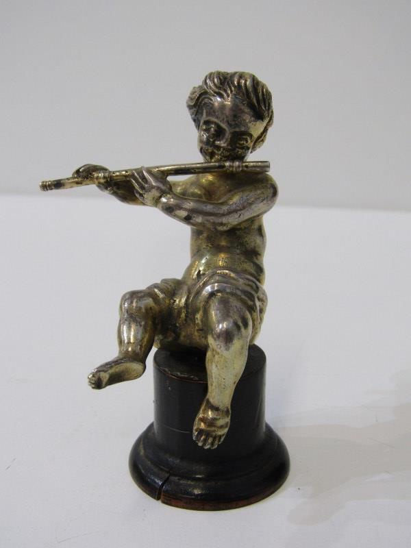 PAIR OF SILVER GILT PUTTI MUSICIANS on circular ebonised wood bases, 9cm height, bases a/f - Image 3 of 3