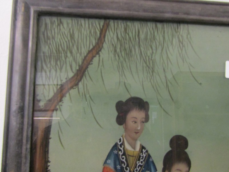 ORIENTAL ART, oriental reverse painted picture on glass of 2 Geishas in hardwood panel frame, 33cm x - Image 4 of 6