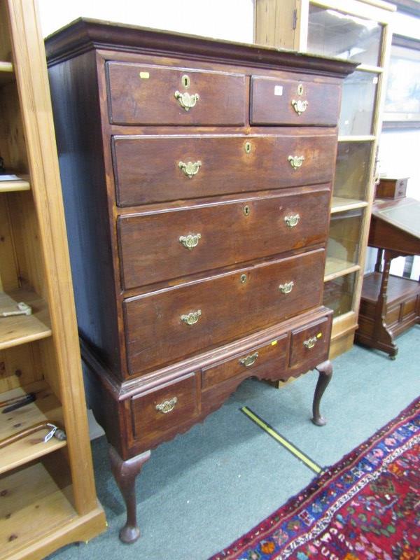 18th CENTURY CHEST ON STAND, walnut chest, fitted 2 short and 3 long drawers, base fitted 3 - Image 4 of 9