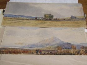 2 X 19th CENTURY WATERCOLOURS, "The Harvest", 14cm x 33" and 11cm x 32cm