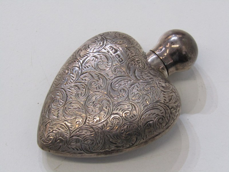 SILVER SCENT BOTTLE, heart shaped foliate decorated silver scent bottle, maker GW possibly London