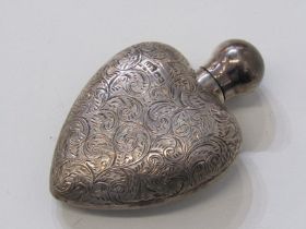 SILVER SCENT BOTTLE, heart shaped foliate decorated silver scent bottle, maker GW possibly London