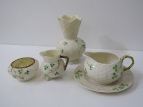 BELLEEK, collection of 5 pieces of Belleek including green and black marked jugs, baluster vase