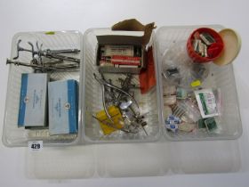VINTAGE DENTISTRY, 3 boxes of vintage dentist tools, boxed bristle brushes & various other items