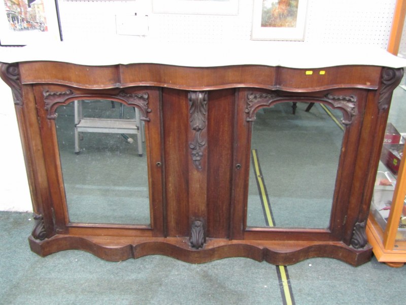 VICTORIAN SIDE CABINET, mahogany veneered double serpentine fronted side cabinet with white marble