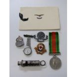 MILITARIA, WWII Defence medal, ARP badge and whistle, British Red Cross and St John Ambulance badge,