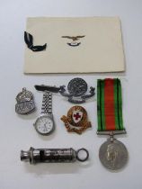 MILITARIA, WWII Defence medal, ARP badge and whistle, British Red Cross and St John Ambulance badge,
