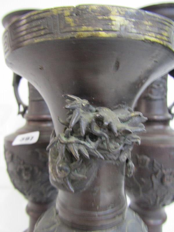 ANTIQUE JAPANESE BRONZE VASES, pair of exotic bird handled vases, decorated with birds in a - Image 5 of 10