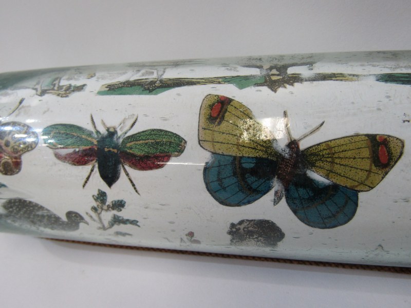 ANTIQUE GLASS, antique glass rolling pin, internally decorated with prints including military - Image 5 of 10