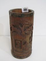 ORIENTAL BRUSH POT, carved bamboo brush pot, decorated figures and trees in relief, 20cm height