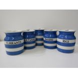 VINTAGE T G GREEN CORNISH KITCHEN WARE, 5 T G Green Cornishware lidded jars; Rice, Sultanas, Raisins