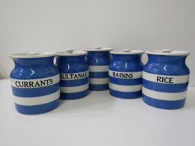 VINTAGE T G GREEN CORNISH KITCHEN WARE, 5 T G Green Cornishware lidded jars; Rice, Sultanas, Raisins