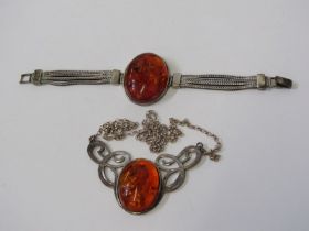 AMBER JEWELLERY, silver and amber necklace with large cabochon shaped amber stone, approx 20"