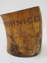 ANTIQUE MARITIME SCRIMSHAW, part of cow horn carved "John Gelberd" decorated various sailing
