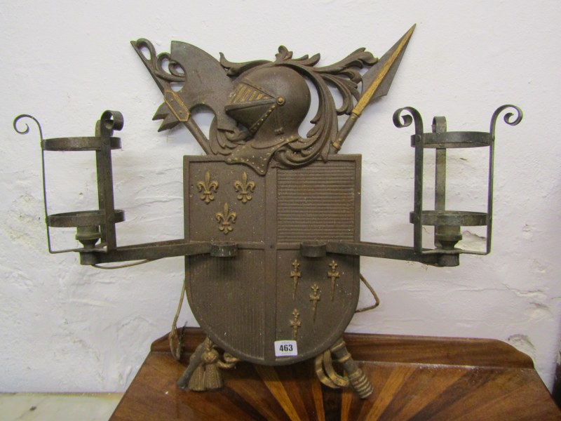 MEDIEVAL STYLE WALL LIGHT FITTING, wrought iron wall light fitting in the form of a shield and