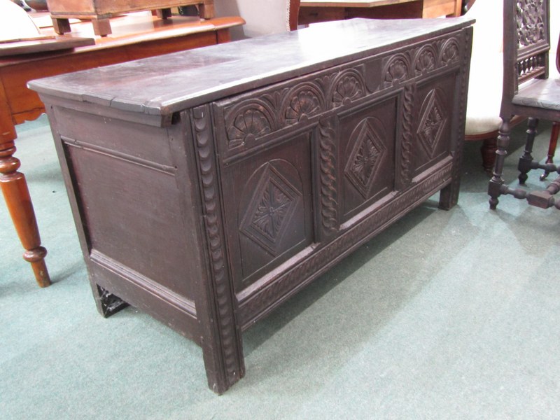 18th CENTURY CARVED OAK COFFER with 3 panelled front, carved motifs, rising top with later hinges, - Image 3 of 4