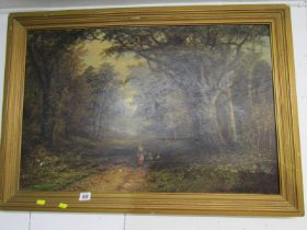 JOSEPH MELLOR, oil on canvas, "Woodland scene with figures", signed to left hand corner with