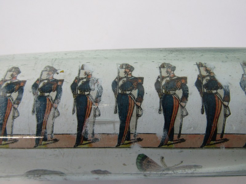ANTIQUE GLASS, antique glass rolling pin, internally decorated with prints including military - Image 2 of 10
