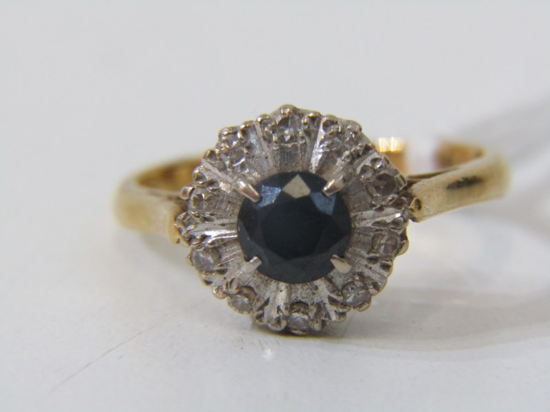 18ct YELLOW GOLD SAPPHIRE & DIAMOND CLUSTER RING, principal brilliant cut sapphire approx. 0.50