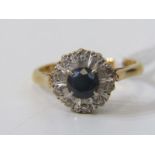 18ct YELLOW GOLD SAPPHIRE & DIAMOND CLUSTER RING, principal brilliant cut sapphire approx. 0.50