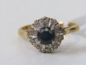 18ct YELLOW GOLD SAPPHIRE & DIAMOND CLUSTER RING, principal brilliant cut sapphire approx. 0.50