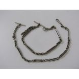 2 FANCY SILVER ALBERT CHAINS, 39cm and 45cm respectively,