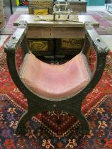 X FRAME THRONE SEAT with carved acanthus leaf finials, pink upholstered seat with X frame