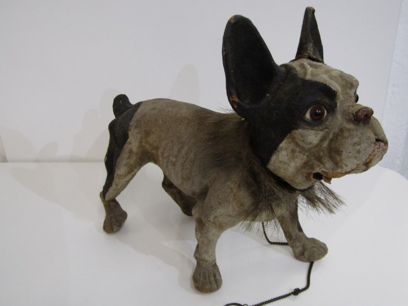 ANTIQUE FRENCH BULL DOG TOY, with papier mache body, nodding head and opening mouth, 41cm - Image 6 of 8